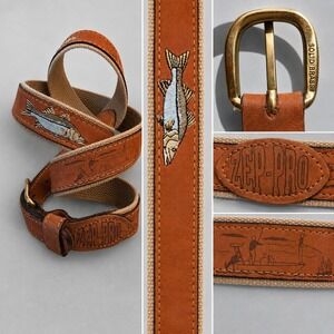 ZEP-PRO Mens Fishing Belt Tan Leather Canvas Snook Embroidered Solid Brass 42 44